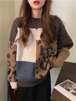 2022 Sieviešu Vintage Leopard Džemperi un Jakas Ziemas Raibs Brūna Adīt Džemperi Zaudēt Stila korejiešu Slim Vilkt Džemperi