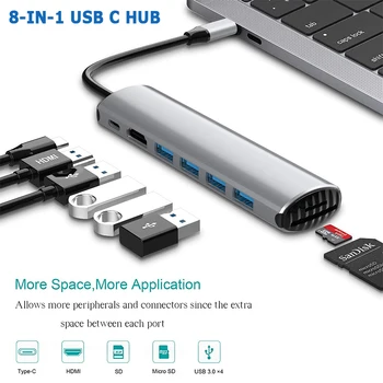 8 1 C Tipa Rumbu Uz HDMI Adapteri 4K Thunderbolt 3 USB C Centrmezgls ar 4 USB 3.0 TF SD Lasītājs PD RJ45 par MacBook Pro Huawei Mate 20