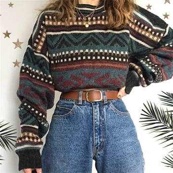 Rudens Ziemas Vintage Sieviešu Džemperis Modes O-Veida Kakla Valsts Žakarda Vilnas Džemperis Krāsā, Svītrains Tops Ar Garām Piedurknēm Apģērbs
