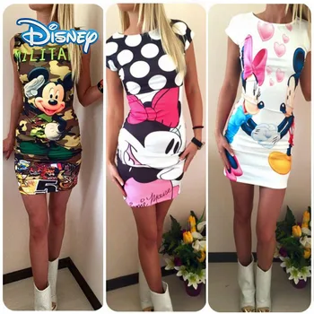 Disney Mickey Minnie Mouse Kleita Sieviešu Modes Drukāt O-Veida Kakla Piedurknēm Vasaras Mini Kleitas Bodycon Slim Gadījuma Zīmuli Vestidos