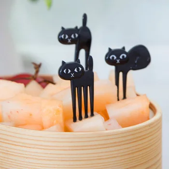 6Pcs Mini Dzīvnieku Dakša Augļu Cērtes Melna Krāsa Cute Karikatūra Kaķis Bērniem Dakša Bento Lunch Box Dekori Aksesuāri