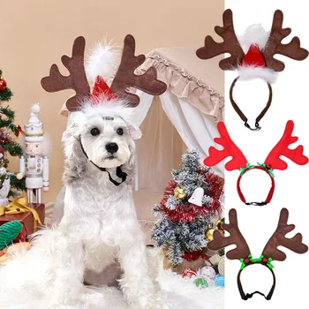 Cute Ziemassvētku Suņi Galvu Kostīmu Aļņu, Briežu Antler ar Santa Hat Pet Foršs Suns Piederumi