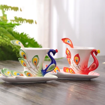 Phoenix Pāvs Krūze Iegūstama tēlotājmākslas Ķīnas Porcelāna Tējas Tasi Kaula porcelāna Keramikas Kafijas Piena krūze ar Karoti & Rene par Dāvanu