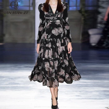 Qian Han Zi vasaras dizaineru modes skrejceļa kleita Womens Puff Piedurknēm vintage Iespiests V-veida kakla kroku josta slim midi kleita