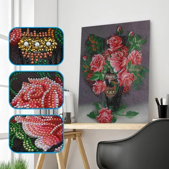 5D DIY Dimanta Ķīniešu Stila Ziedu Rožu Ziedu Vāze Cross Stitch Dimanta Izšuvumi Īpašas Formas Dimanta Mājas Apdare
