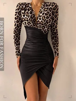 Sexy Leopards Drukāt Garām Piedurknēm Bodycon Mini Kleita Sievietēm Augsta Vidukļa Ruched Puse Vakara Kleitas Dāmas Clubwear Vestidos Rudens