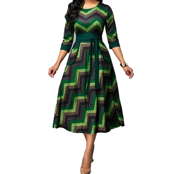 Elegants, Zaļi Svītrainā Drukāt Kleitas Sievietēm Gadījuma Apaļu Kakla Trīs Ceturksnī Augsta Vidukļa Josta Midi Vakara Puse Kleita Tērpiem