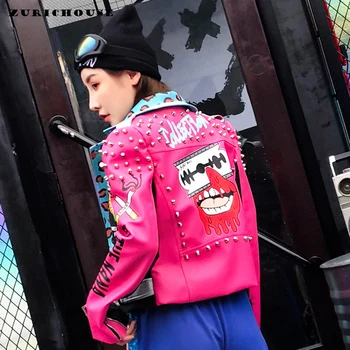 ZURICHOUSE Augstās Modes Dizaina Jautri Grafiti Drukāt PU Ādas Jaka Sieviešu Slim Īss Streetwear Punk Kniežu Biker Mētelis Mujer