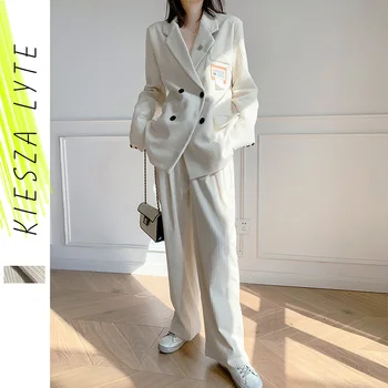2022 Jaunu Divu gabalu Komplekti Gadījuma Dāmas Off White Velveta Uzvalku, Par Sieviešu Ziemas Modes Elegants Uzvalks Jaka, Bikses Tērpiem