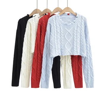 Ar garām piedurknēm top Ziemas vintage drēbes sievietēm 2022 adīt ripped džemperis sievietēm problemātisko džemperi apgriezts zaudēt preppy pulovers