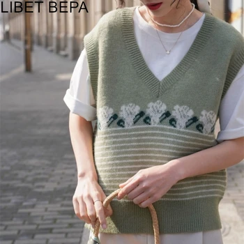 Jaunu 2021 Autunm Ziemas Sieviešu Džemperi Džemperi bez Piedurknēm, Vestes Svītrainām Veste franču Stilā ar Ziedu Vintage Topi SWV1510JX