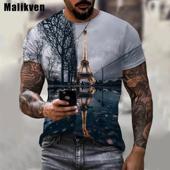 Parīzē Eifeļa Tornis Iespiesti 3D Tshirt Īsām Piedurknēm O-veida Kakla T-krekls Vīriešiem Gadījuma Modes Harajuku Unisex Lielgabarīta T Krekls