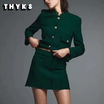 Sieviešu Zaļš Tērps-Svārki Coat Set Pogas Vintage Apgriezts Tekstūra Žakete Tvīda Žakete Mini Svārki Kleita Biroja Dāma Luksusa Apģērbs