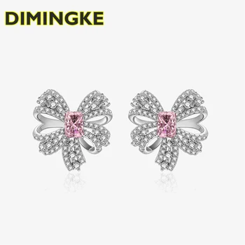 DIMINGKE S925 Sudraba 5*7 Pink Diamond Bowknot auskariem Sieviešu Augstās Smalkas Rotaslietas Kāzu Gadadienas Dāvanu
