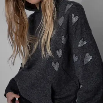 Sievietes 100% kašmira Adīta kapuci Jaka 2022 jauna Zvaigzne Karstā Rhinestones ikdienas džemperis