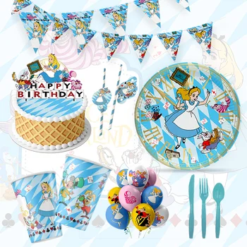 Alice In Wonderland Dzimšanas Dienas Svinības Apdare Piegādes Balonu Vienreizējās Lietošanas Galda Piederumi Kauss Plāksnītes Fons Bērnu Duša Puse Piegāde