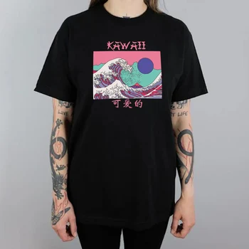 Vaporwave Kawaii Vilnis, Sieviešu T-Krekli Japāņu Modes Harajuku Streetwear T Krekls Lielgabarīta Ulzzang Tee Estētisko Drēbes