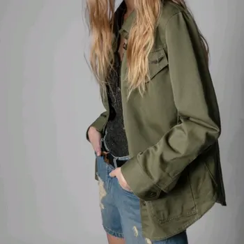 Sieviešu ArmyGreen mētelis atpakaļ smaidiņu izšuvumi modes gadījuma Vienu-krūšu dāmu jaka