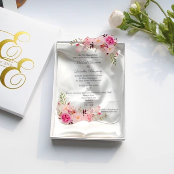 10pcs jaunākās caurspīdīga stikla, akrila kāzu ielūgums kartes zelta un melnā vārdiem drukāšanas kāzu favor ielūgumus paraugs
