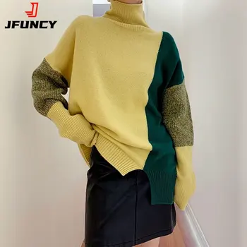 JFUNCY 2022 Adīti Džemperi, Topi, Sieviešu augstu uzrullētu apkakli Ziemas Drēbes Sievietei Brīvs Džemperis Sievietēm ir korejas Modes Raibs Džemperis
