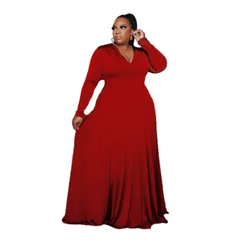 Plus Lieluma Sievietēm 5xl Sarkana Kleita Cietā V Kakla Elegantu Kleitu Modes Dāma Puse Vakara Tērpu 2022 Rudens Luksusa Vairumtirdzniecības Rudenī Audums