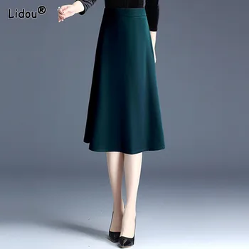 Vintage-line Svārki Impērijas Tievs Cietā Pārklājus Sieviešu Apģērbu Vidum teļš Sajauc Intelektuālā Svārki 2022 korejiešu Jaunā All-saskaņot