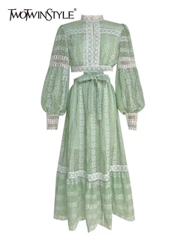 TWOTWINSTYLE Izgriezt Vintage Midi Kleita Sievietēm Stand Apkakli Laternu Piedurknēm Augsta Vidukļa Colorblock Ilgi, Kleitas, Sieviešu Apģērbi
