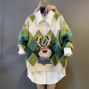 Modes Vintage Argyle Krāsu Pretbloķēšanas Džemperi Sieviešu 2022 Jauna Rudens Ziemas Multiplikācijas Filmu Kompilāciju Ar Garām Piedurknēm Irdenas Trikotāžas Džemperi