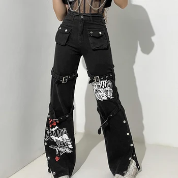 Gothic Kravas Bikses Melnā Hip Hop, Punk Harajuku Streetwear Y2K Bikses ar Zemu Jostas Džinsi Grunge Vintage Sieviešu Pārsējs Baggy Džinsi