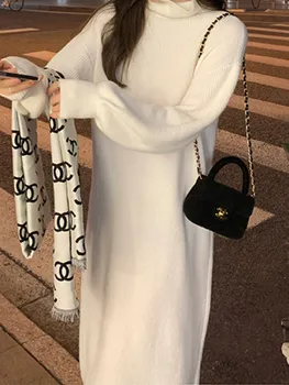 Cietā Kleitas Rudens Vestido Feminino Elegants Korejas Apģērbu 2022 Biezs Džemperis Kleita Sievietēm Sieviete Vintage Silts Adīts Ziemas
