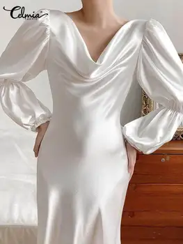 Modes Slēgs Kakla Midi Vestidos Celmia Elegants Satīna Zīda Kleita 2022 SummerSexy Garām Piedurknēm Slim Drēbes Korejiešu Stilā, Gara Kleita