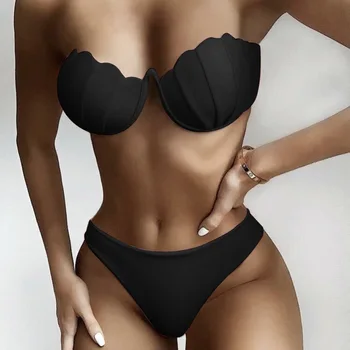 WJJDFC Sieviešu Melna Korpusa tīrtoņa Krāsu Caurule Top Strapless Bikini Underwire Grūti Pack Sexy Vienkārši Brazīlijas Pludmales Peldkostīmu Komplekts
