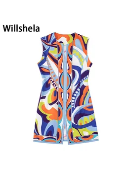 Willshela Sieviešu Modes Iespiesti Sānu Šķēlumu Sānos Rāvējslēdzējs Mini Kleita Vintage O-Veida Kakla Bez Piedurknēm, Sieviešu Šiks Lady Kleitas