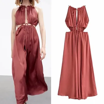 Za 2021 Izgriezt Kleita Sieviete Satīna Gara Vasaras Kleita Bez Piedurknēm Sievietēm Midi Puse Kleitas Ruched Vintage Saistīts Elegants Kleitas