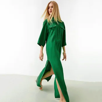 2023 Jaunā Pavasara Rudens Maxi Kleita Sievietēm, Elegants Ar Garām Piedurknēm Mežģīnes-Up Spraugas Puse Kleitas Modes Kabatas Augsta Vidukļa Sieviešu Drēbes