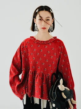 Imakokoni Oriģināls Dizains, Apaļu Kakla Džemperis ar garām Piedurknēm T-krekls Sarkanā Drukāt Kroku Ziedu Gadījuma Modes Top Sieviešu apģērbu