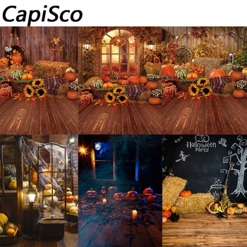 Capisco Halloween Fotogrāfijas Backdrops Rudens, Ķirbju, Saulespuķu Kūtī, Koka Grīda, Dzimšanas Dienas Fons Bērnu Photo Booth