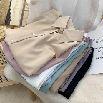 XEJ Šifona Sieviešu Blūze Baltā LongSleeve Topi Pavasara 2022 korejas Modes vienkrāsainu Kreklu Nišu Brīvs Krekls Sieviešu Plus Izmēru