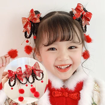 Ķīniešu Jaunais Gads Sarkanā Matadatu Uzstādīt Ziemas Dāvanu Bērniem Hairball Pušķis Rotājumu Matu Spraudes Meitenes Barrettes Bērniem, Matu Aksesuāri