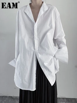 [EAM] Sievietes Baltā Nelegālo Pogu Divi Veidi, kā Valkāt Blūze Jaunu Atloks Krekls ar garām Piedurknēm Lielo Izmēru Modes Pavasara Rudens 2023 1DF3477
